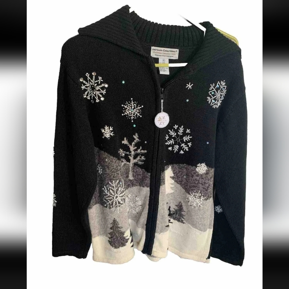 Heirloom Collectibles Christmas Sweater M Black Embellished  Snowflakes Zip Up